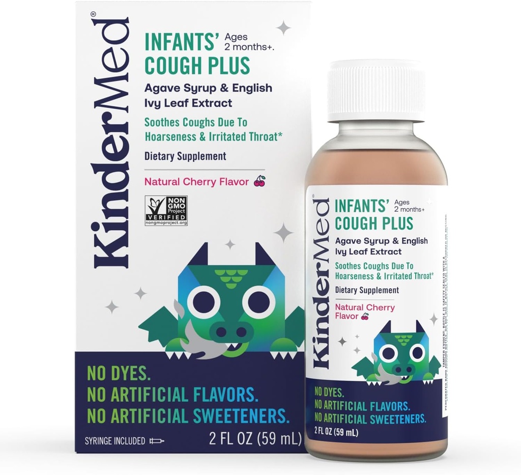 KinderMed Infants' Daytime Cough Plus, Organic Agave Syrup and English Ivy Leaf Extract, No Dyes, No Artificial Flavors or Sweeteners, Non-GMO, for Babies 2 Months+, Natural Cherry Flavor (2 Fl Oz)