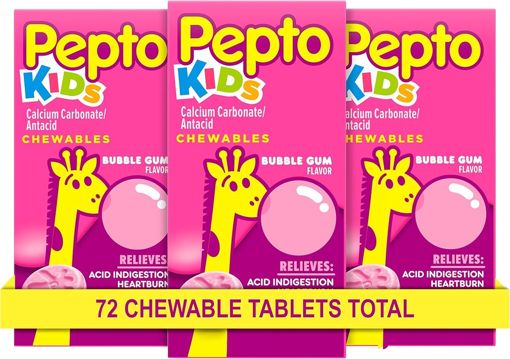 Pepto Kid's Chewable Tablets for Heartburn, Acid Indigestion, Sour Stomach, and Upset Stomach, Bubblegum Flavor, 72 Total (3 Packs of 24)