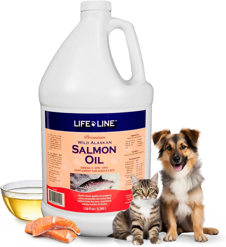 Life Line Wild Alaskan Salmon Oil for Dogs & Cats | Omega-3 Fish Oil Supplement for Skin Health, Shiny Coat & Joint Support – 128 oz