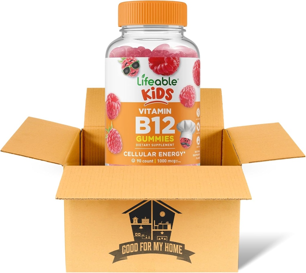 Vitamin B12 Gummies Bundle. Includes One Bottle 90 ct Lifeable Kids Vitamin B12 Gummies. Dietary Supplement, Gluten Free, Non Gmo, and Chewable B12 Vitamins Gummies. Comes with a Good For My Home Box!