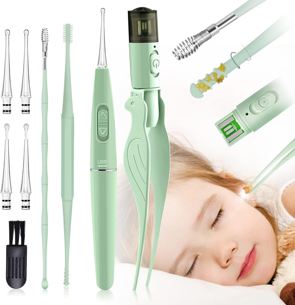 Ear Wax Removal Tools,9 Pack Ear Cleaning Tool,Ear Pick with 2 LED Lights,Built-in USB Ear Wax Remover for Kids and Adults