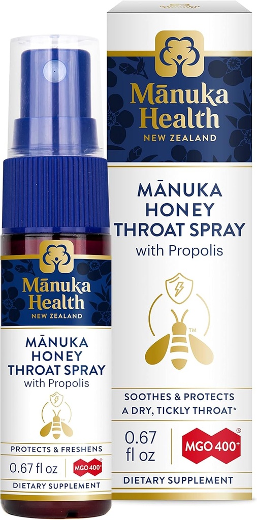MANUKA HEALTH, Manuka Honey Throat Spray with Propolis .67 fl oz, Protects & Freshens, MGO 400+, BIO30 New Zealand Propolis