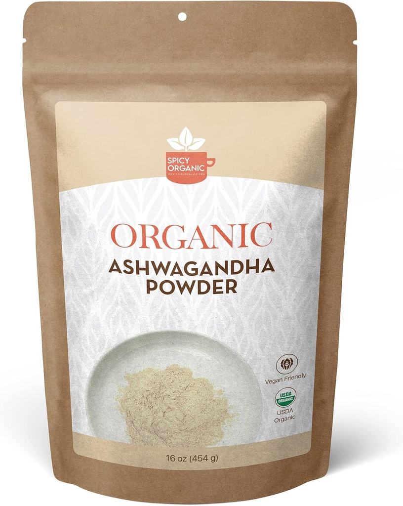 SPICY ORGANIC Organic Ashwagandha Root Powder – 1 lb., Non-GMO, 100% Raw from India – Indian Ginseng (Withania Somnifera) – Natural Stress Support, Energy & Immune Health