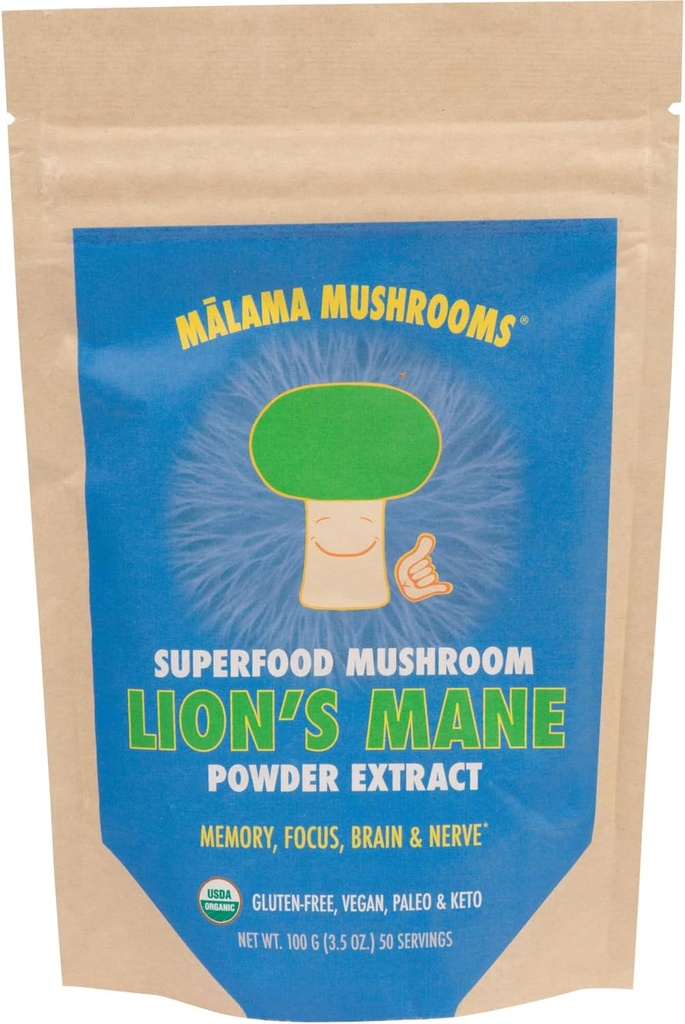 Lion's Mane Extract Powder by Malama, Organic Fruiting Body Lions Mane Mushroom Powder, Superfood Adaptogenic, Supports Memory, Focus, Brain, & Nerves