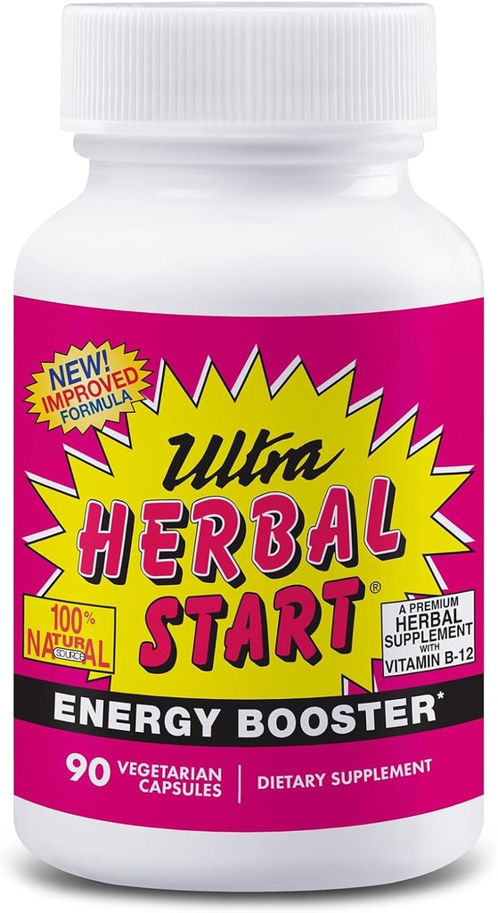 Ultra Herbal Start Energy Booster - with B-12, Panax Ginseng, Yerba Mate, Kola Nut, Spirulina & Echinacea | Promotes Natural Boost of Energy, Stamina & Endurance | Supplement - 90 Capsules