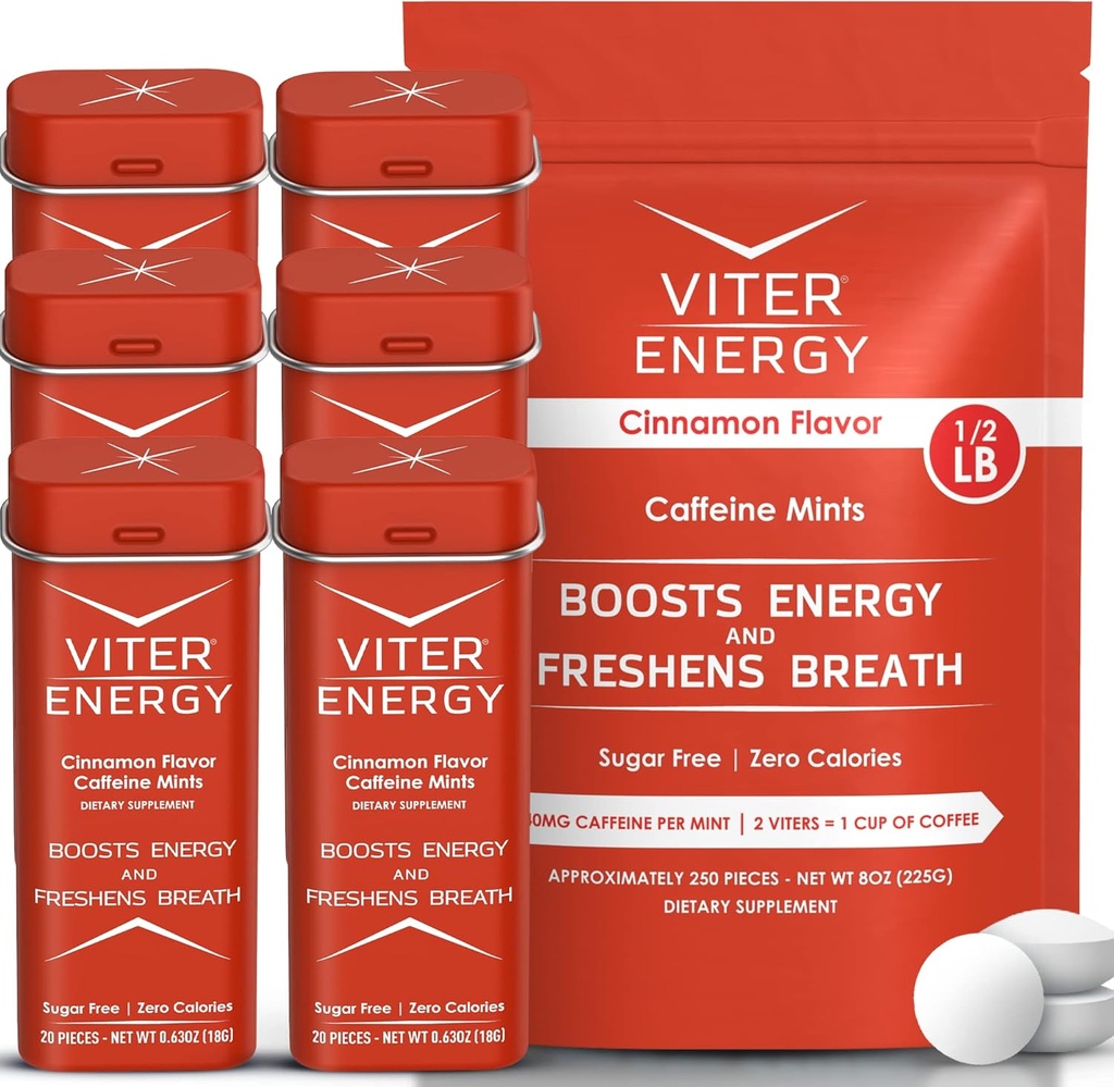 Viter Energy Original Caffeine Mints Cinnamon Flavor 6 Pack and 1/2 Pound Bulk Bag Bundle - 40mg Caffeine, B Vitamins, Sugar Free, Vegan, Powerful Energy Booster for Focus and Alertness