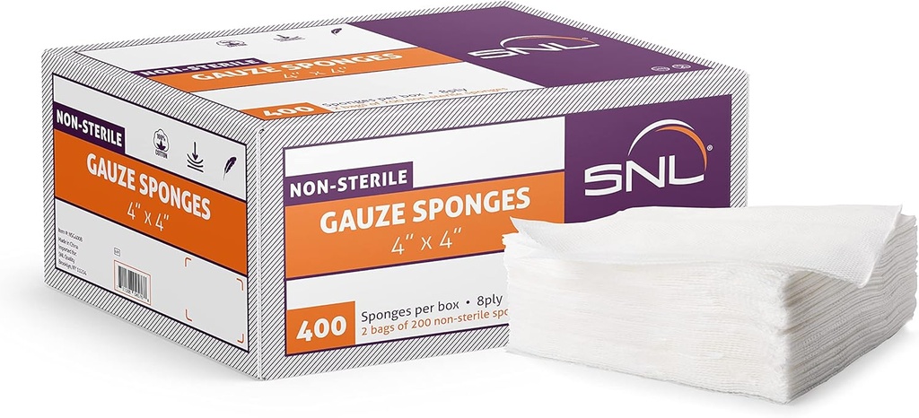 All-Purpose Gauze - 4" X 4" - Box of 400 - by SNL Quality, Non-Sterile, Latex Free, Gauze Sponge Pads, 8 Ply - (2x 200 Packs Inside), Ideal for First Aid, Beauty Applicator, Absorbent Dressing Bandage