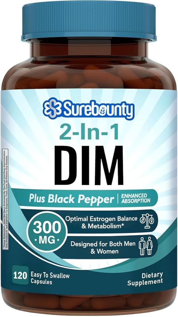 DIM Supplement 300mg for Women & Men, Estrogen Balance & Metabolism, Hormone Balance, Menopause Support, Energy Maintainence, High Absorption with Black Pepper Extract, 120 Caps
