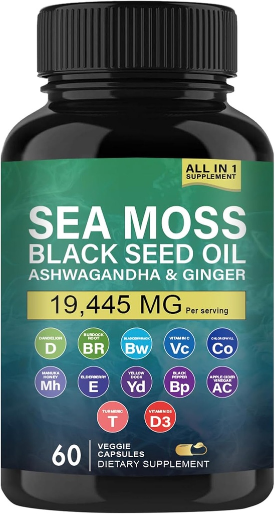 Organic Sea Moss, Black Seed Oil, Ashwagandha and Ginger Capsules, Sea Moss Supplements with Burdock Root Organic, Vitamin C, D3, Turmeric and Yellow Dock for Energy Support, Immune System and Skin