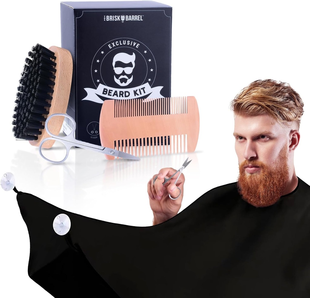 Beard Grooming Kit for Men 4 in 1. Beard Brush and Comb Set with Messy Free Bib Apron, Mustache Scissors. Natural Brush and Dual Action Comb. Men's Grooming. Gift for Husband,