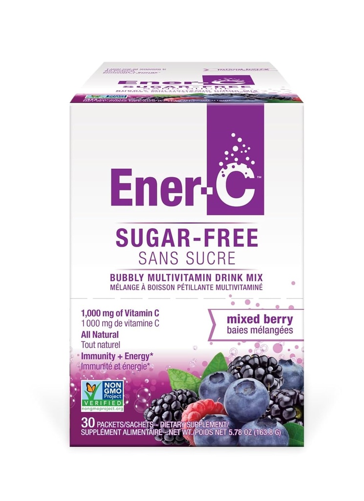 Ener-C Sugar Free Mixed Berry Multivitamin Drink Mix, 1000mg Vitamin C, Non-GMO, Vegan, Real Fruit Juice Powders, Natural Immunity Support, Electrolytes, Gluten Free, 1-Pack of 30