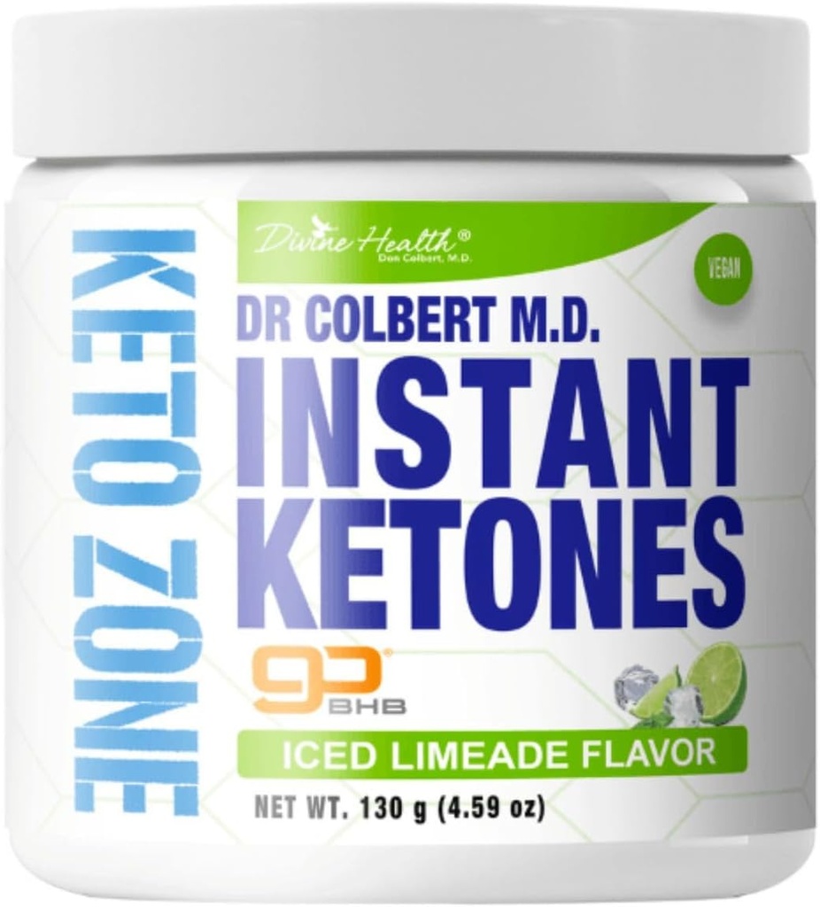 Divine Health Dr Colbert MD Instant Ketones Powder | Limeade Flavor Recommended in The Keto Zone Diet Book | GoBHB | Exogenous BHB Ketone Salts | 4.59oz
