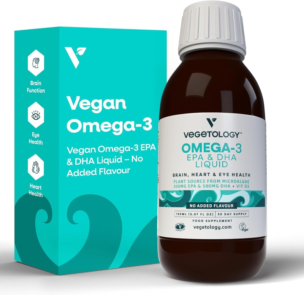 Vegan Omega 3 Liquid, from Microalgae, 800mg of EPA DHA, with Vitamin D3, Supports Heart, Brain and Eye Health, Natural Fish Oil Alternative, UK Made, Unflavoured
