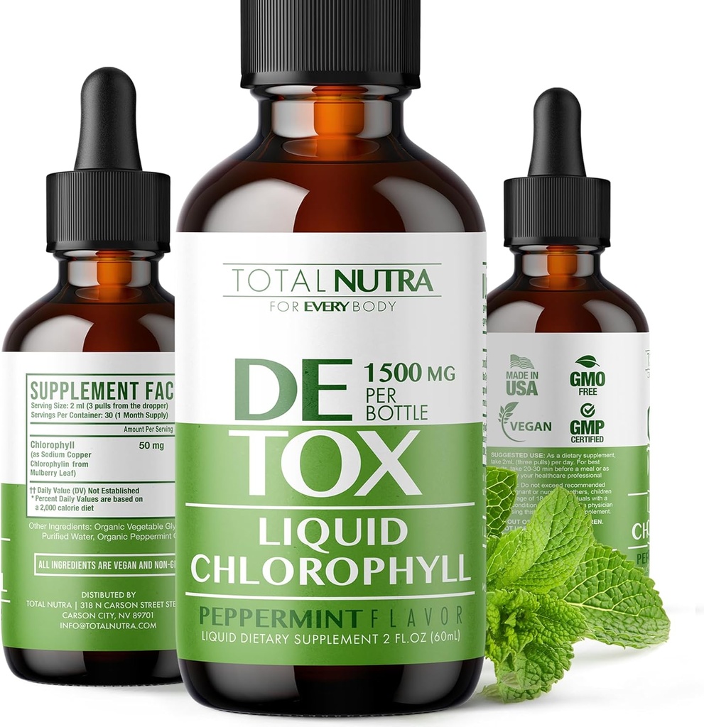 Liquid Chlorophyll Drops 50mg: Vegan Chlorophyll Liquid Drops for Natural Energy Boost, Immune Support, Body Detox for Skin Care, Internal Deodorant | Mint Flavor, Non-GMO, Gluten Free Total Nutra 2oz
