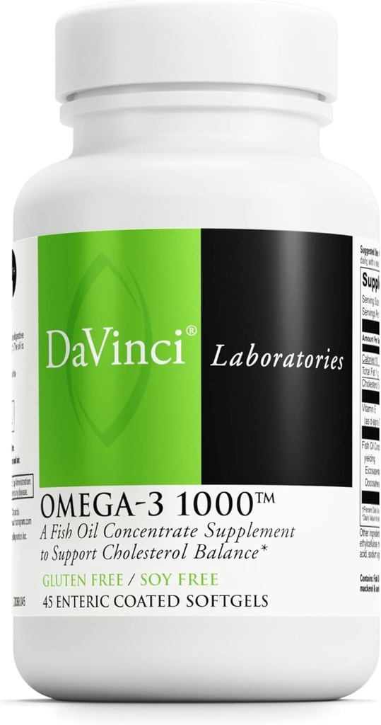 DAVINCI Labs Omega-3 1000 - Dietary Supplement to Maintain Already Normal Cholesterol Levels and Support Immune System, Healthy Hair and Skin* - Gluten-Free - 45 Enteric Coated Softgels