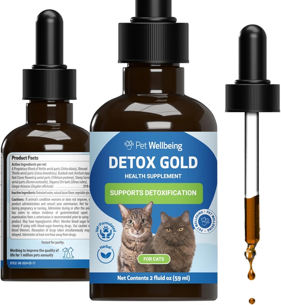 Pet Wellbeing Detox Gold for Cats - Gentle Detoxification & Elimination Support, Immune System Care, Nettle, Blessed Thistle, Burdock Root - Veterinarian-Formulated Herbal Supplement 2 oz (59 ml)