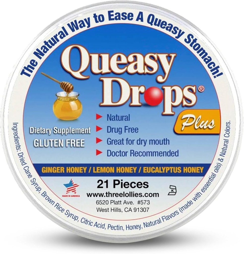 Three Lollies Queasy Drops Plus - Lozenges with Pectin & Honey to Soothe a Dry Mouth - Alleviate Nausea & Motion Sickness - Natural - 21 ct