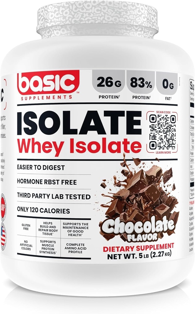 Basic Whey Protein Isolate, 26g Protein, 0g Fat, Gluten-Free, RBST-Free, Rapid Absorption, 120 Calories (5 Pound, Chocolate)