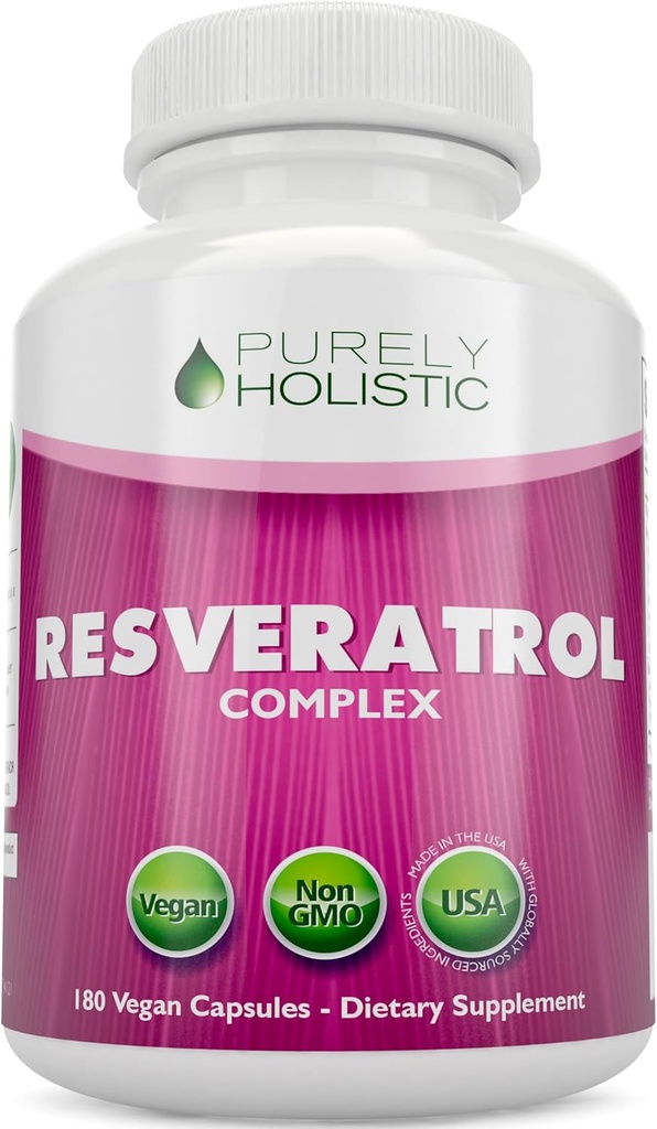 Purely Holistic Resveratrol 1450mg, 90 Servings, Trans-Resveratrol Antioxidant Supplement with Vitamin C and Polyphenol Complex, 180 Vegan Capsules