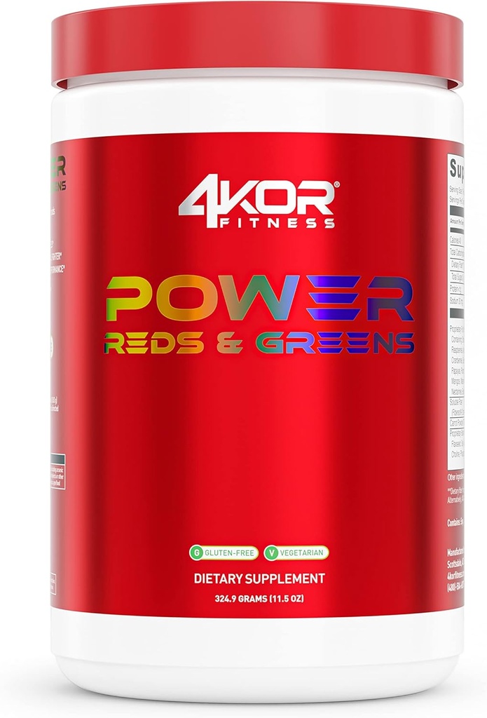 4KOR Fitness Power Reds & Greens: an Energizing Greens Drink Made up of Antioxidant-Rich Superfoods, Gluten-Free and Vegetarian, 30 Servings (1 Bottle)