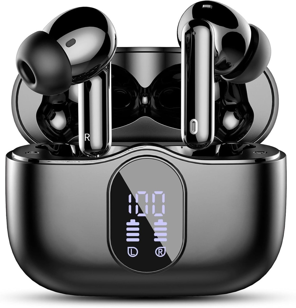 Wireless Earbuds, Bluetooth 5.4 Headphones Bass Stereo, Ear Buds with Noise Cancelling Mic LED Display, IP7 Waterproof in Ear Earphones, 36H Playtime for Laptop Pad Phones Sports Workout, Black
