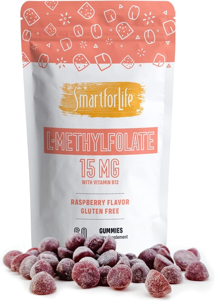 Smart for Life L-Methylfolate Gummies with Vitamin B12 Raspberry Flavor - 15mg - 60 Gummies - Active Folate 5 MTHFR Support Supplement Professional Strength - Doctor Designed Methyl Folate
