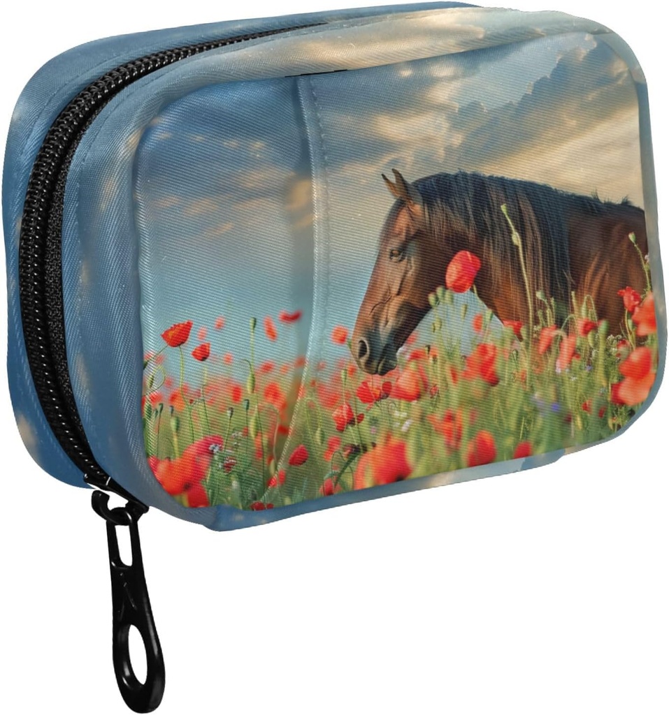 Fustylead Mane Horse in Poppy Flower Field and Sky Pill Organizer Case with Zipper 2 Times A Day for Vitamin and Supplement, 7 Day Travel Organizer Medicine Case