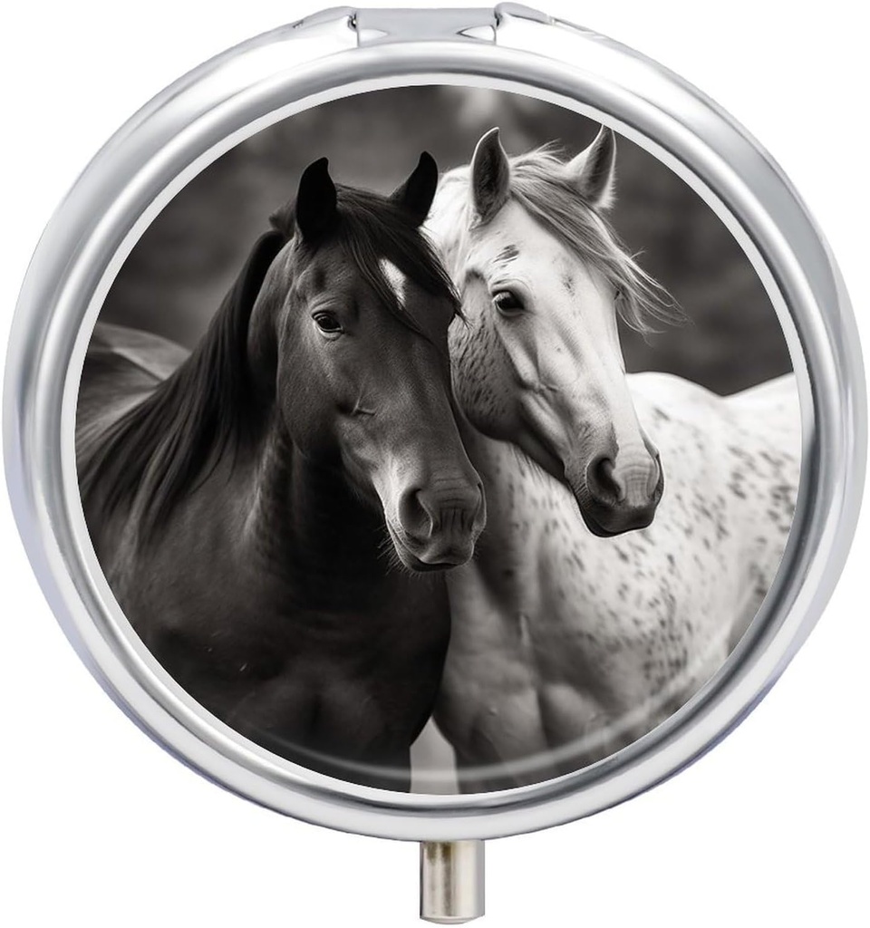 Round Pill Box Portable Pill Case for Pocket Black and White Horses Travel Small Pill Organizer 3 Compartment Metal Pill Container Holder for Medicine Vitamins Fish Oil Supplements