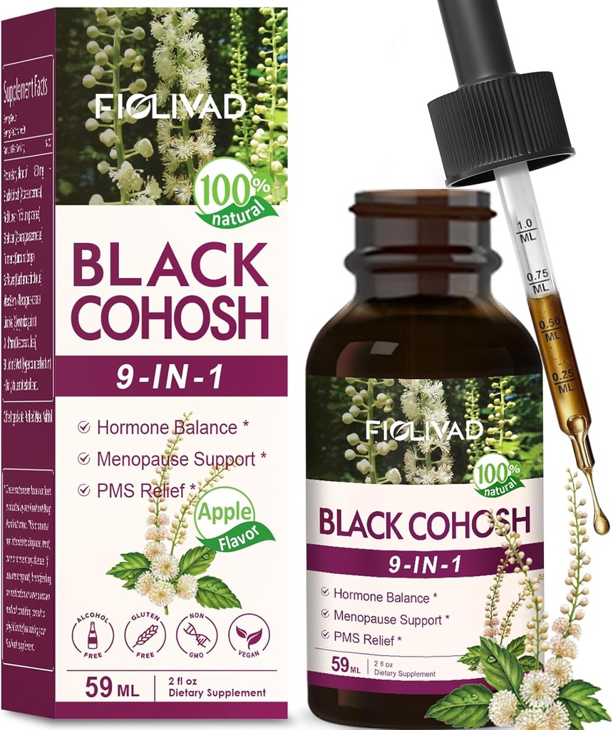 Black Cohosh Drops, Herbal Extract Blend for Hormone Balance, Menopause Support & PMS Relief. 2oz-(Apple Flavor)