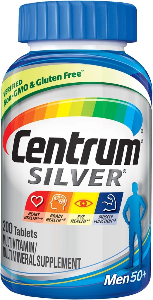Centrum Silver Multivitamin for Men 50 Plus, Multimineral Supplement, Vitamin D3, B-Vitamins and Zinc, Gluten Free, Non-GMO Ingredients, Supports Memory and Cognition in Older Adults - 200 Ct