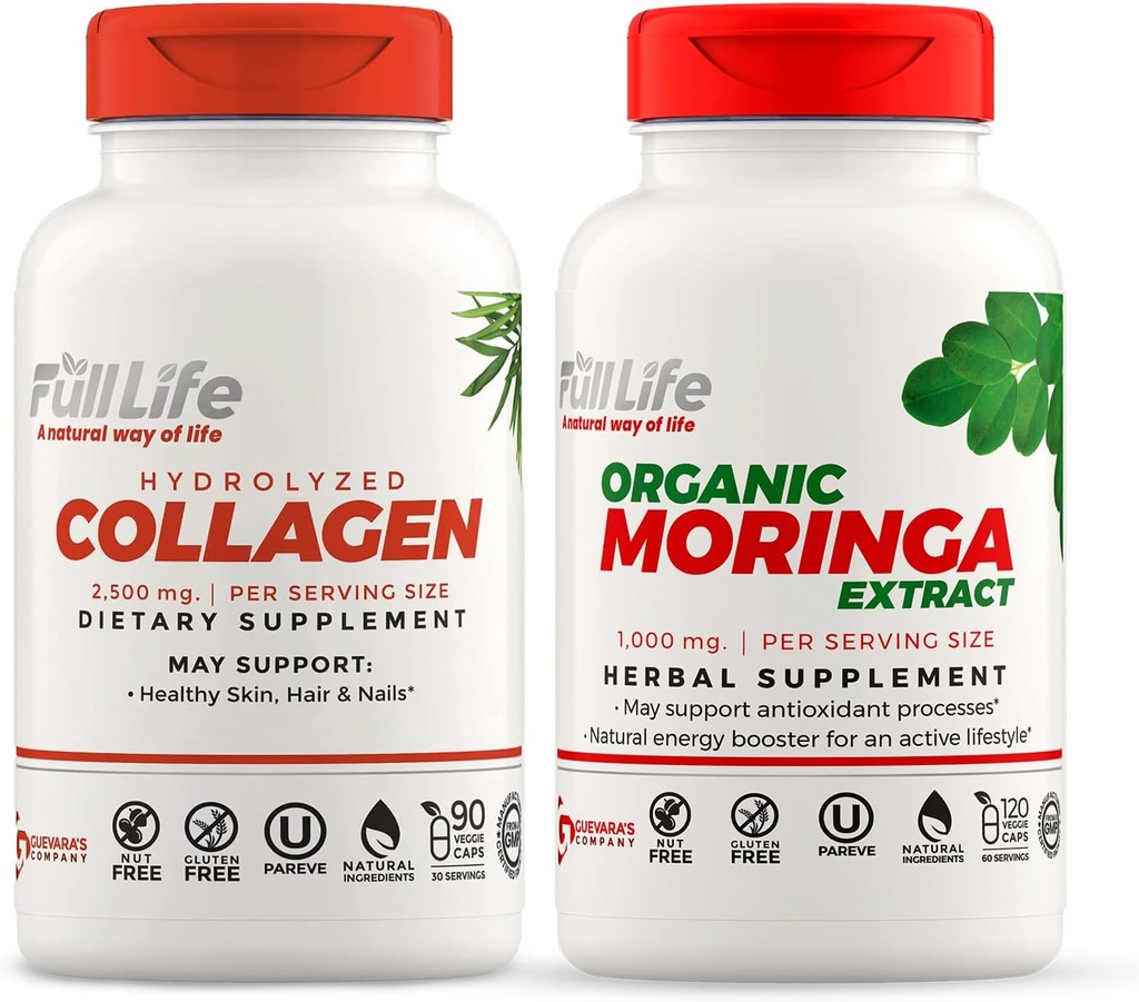 Full Life Hydrolyzed Collagen and Moringa Oleifera Capsules - Dietary Supplements - Bovine Collagen Pills for Women and Men, Gluten-Free - Veggie Capsules