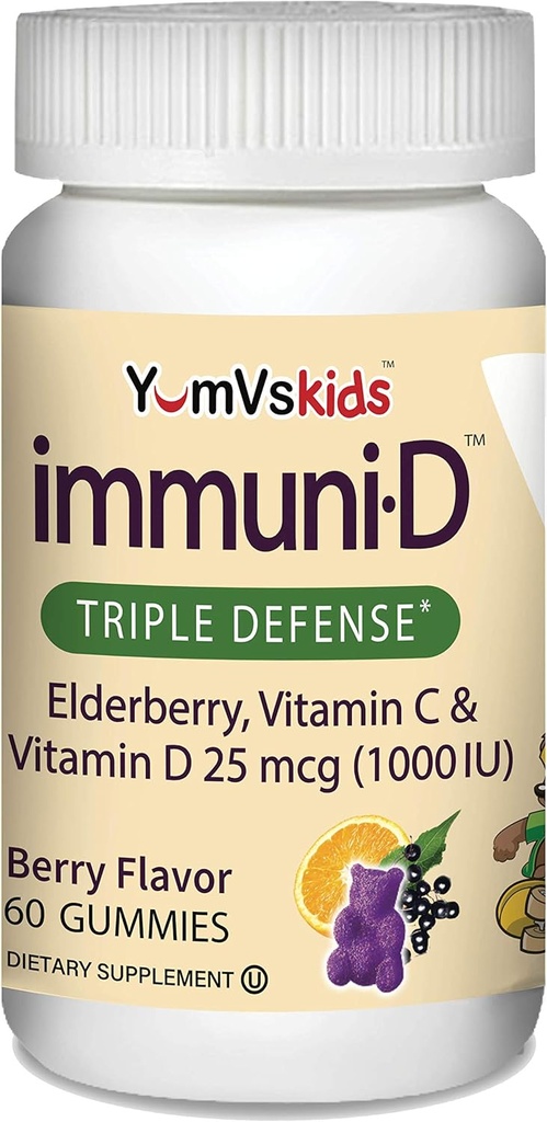 ImmuniD Elderberry Gummies for Kids by YumVs | Immune Support, Vitamin C & Vitamin D | Complete Immune System Support | Natural Berry Flavor Chewables-60 Count | Vitamin C and D for Kids