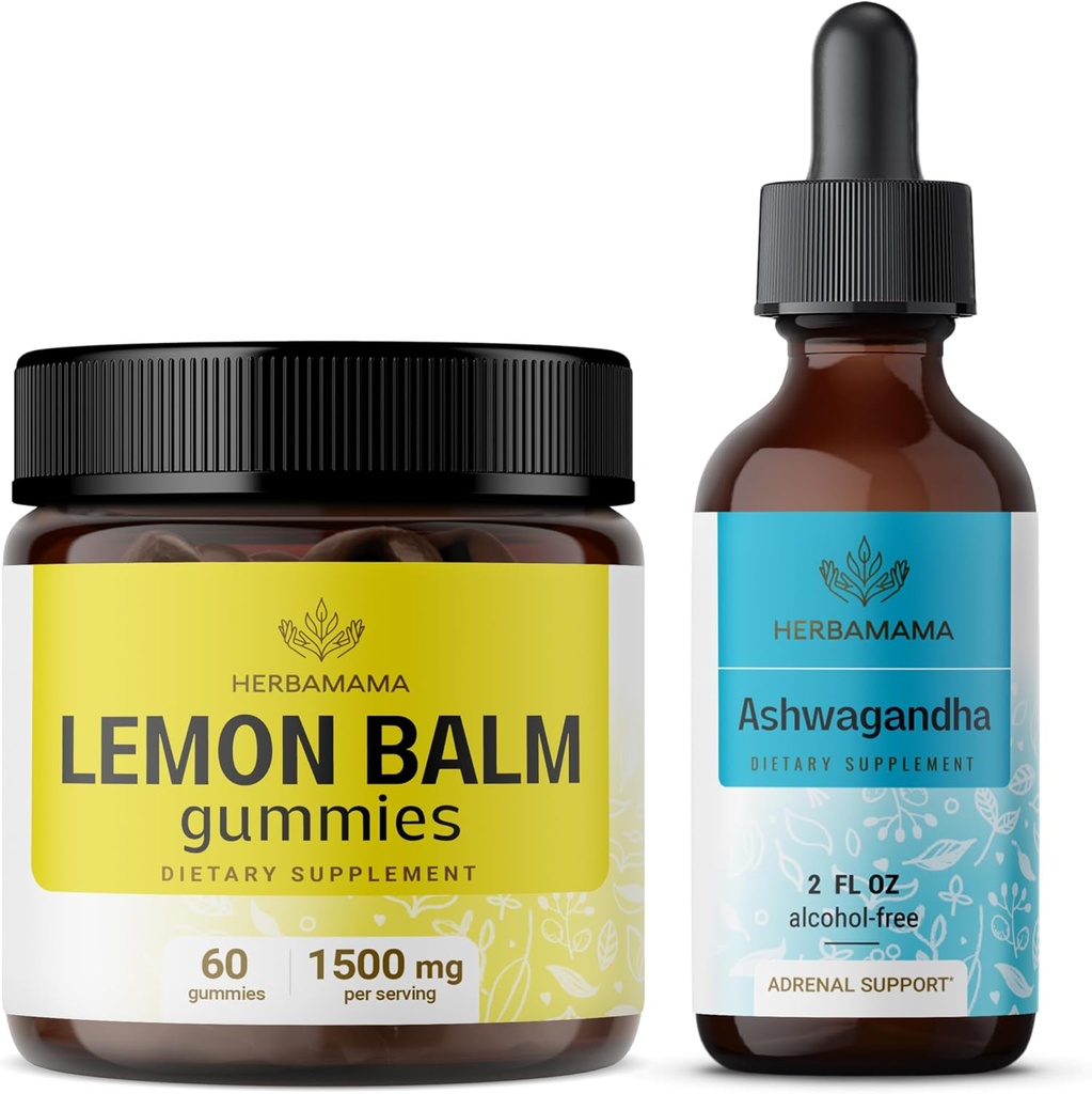 HERBAMAMA Lemon Balm and Ahwagandha Kit - Bundle of Lemon Balm Gummies & Ashwagandha Liquid Drops 2 fl oz - Vegan, Non-GMO, Alcohol & Gelatin-Free - 2 Pack