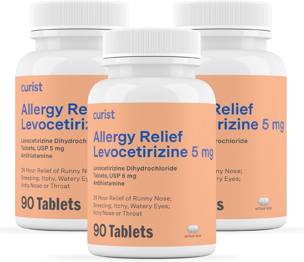 Curist Generic Levocetirizine Dihydrochloride 5mg Bulk (270 Tablets), Allergy Pills, 24 Hour Allergy Relief - Allergy Medicine (3 Packs of 90 Tablets)