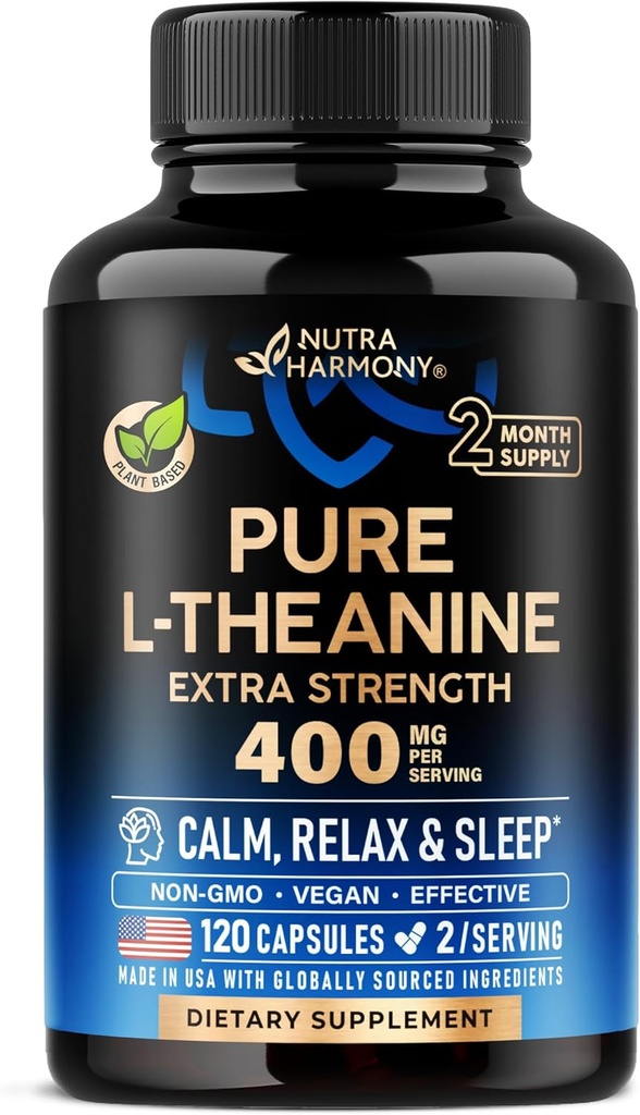 L Theanine 400 mg | L-Theanine Stress Relief | Extra Strength Supplement | Made in USA | Relaxation, Sleep & Calm Support | for Men & Women | Plant Based, Non-GMO & Gluten-Free | 120 Vegan Capsules