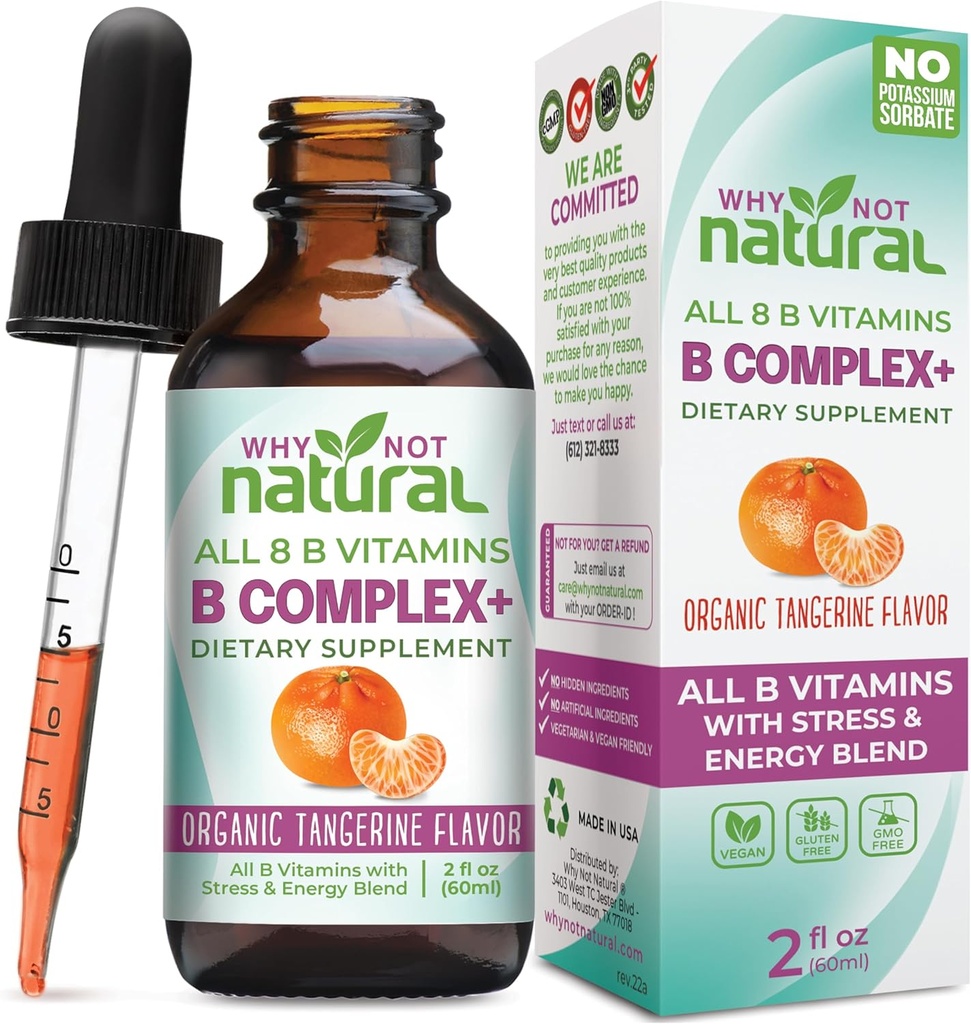 Why Not Natural Vitamin B Complex Liquid Drops - Supplement for Women - Vegan and Sublingual Forms of B1 B2 B3 B5 B6 Biotin Folate and Choline - Plus Blend for Energy Support