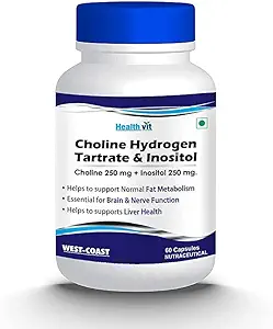 Choline Hydrogen Tartrate 250mg & Inositol 250 Mg - 60 Capsules | Energy Metabolism, Liver Health, Essential for Brain & Nerve Function - Non-GMO, Vegan, Gluten Free, Dairy Free