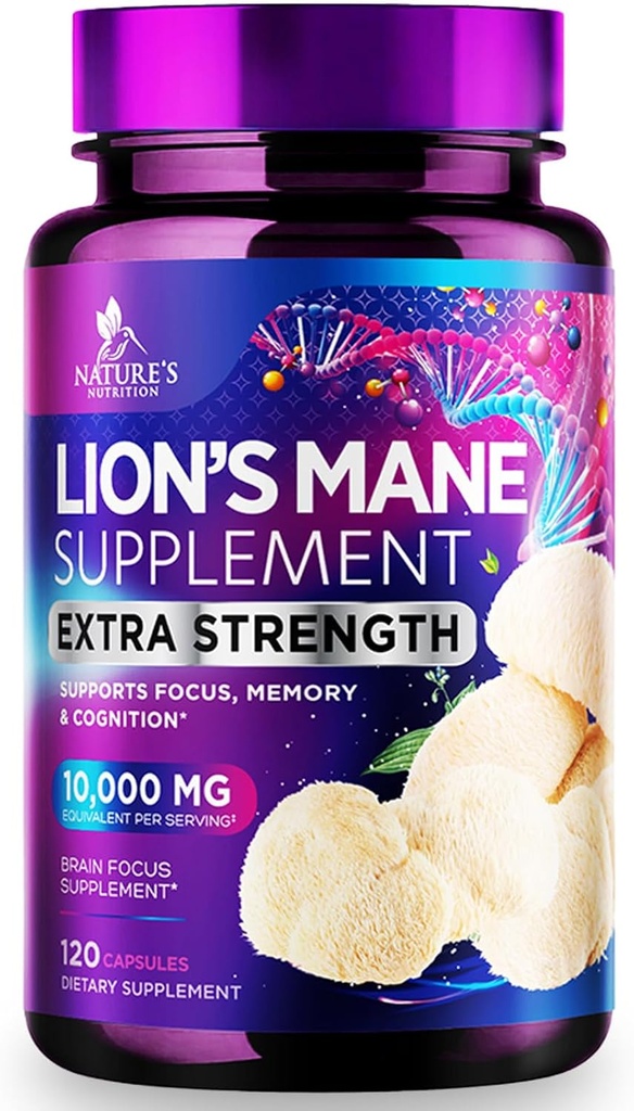 Lions Mane Mushroom Capsules 10,000mg - Lion’s Mane Supplement Capsules for Memory and Focus Support, Brain, Immune Health Support, Vegan, Bottled in USA, Lions Mane Mushroom Powder Extract, 120 Count