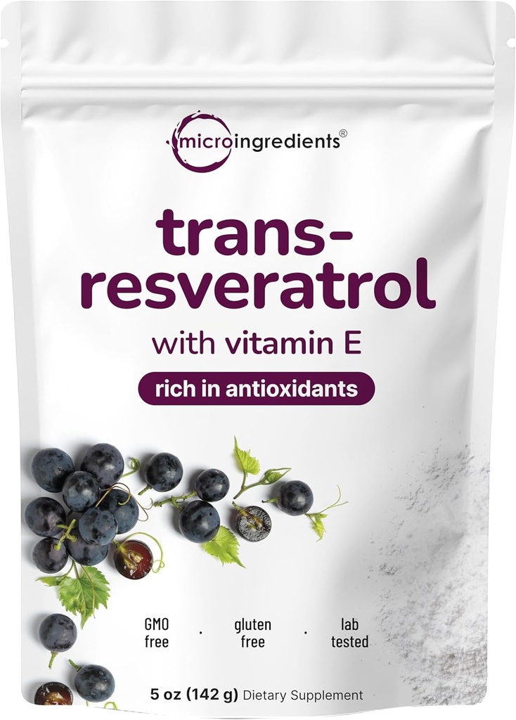 Pure Trans-Resveratrol Powder with Vitamin E, 5 Ounce, 2 in 1 Formula, Micronized Powder for Better Absorption, Premium Resveratrol Supplement, Super Antioxidant