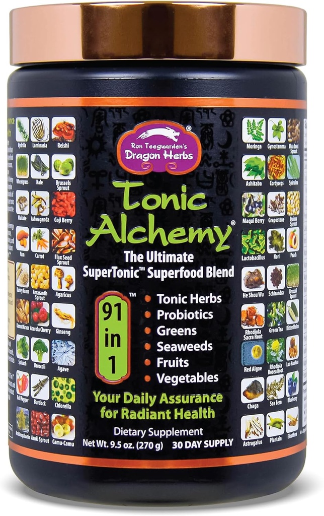 Dragon Herbs Tonic Alchemy Superfood Greens Powder with 91 Ingredients: Tonic Herbs, Ashwagandha, Mushrooms, Probiotics, Super Greens, Seaweeds, Fruits, Vegetables, Spirulina - 30 Servings