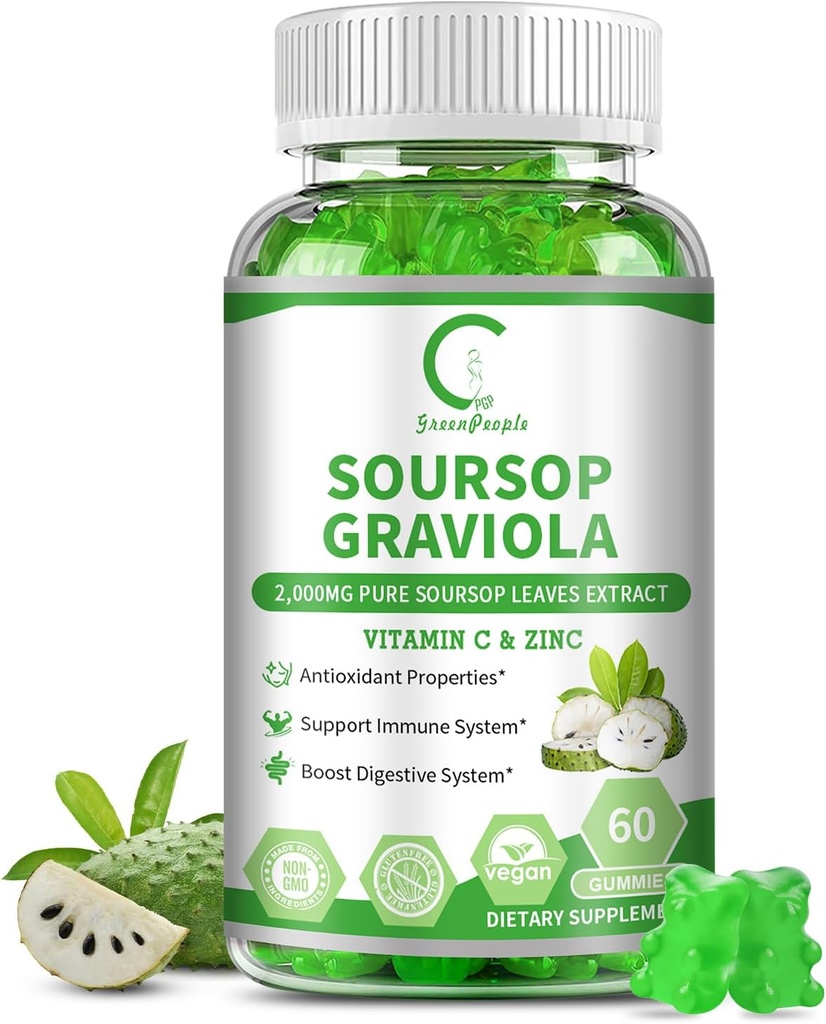 Soursop Graviola Gummies, Soursop Leaves Extract for Energy Boost, Digestive & Immune Support, Antioxidant Properties, Pure Soursop Fruit Gummies, Vegan, Non-GMO, 60 Counts