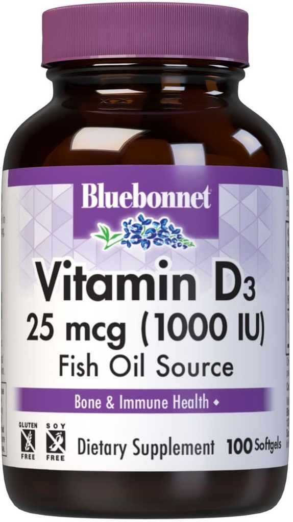 Bluebonnet Nutrition Vitamin D3 1000 IU Softgels, Aids in Muscle and Skeletal Growth, Cholecalciferol from Fish Oil, Non GMO, Gluten Free, Soy Free, Dairy Free, 100 Softgels