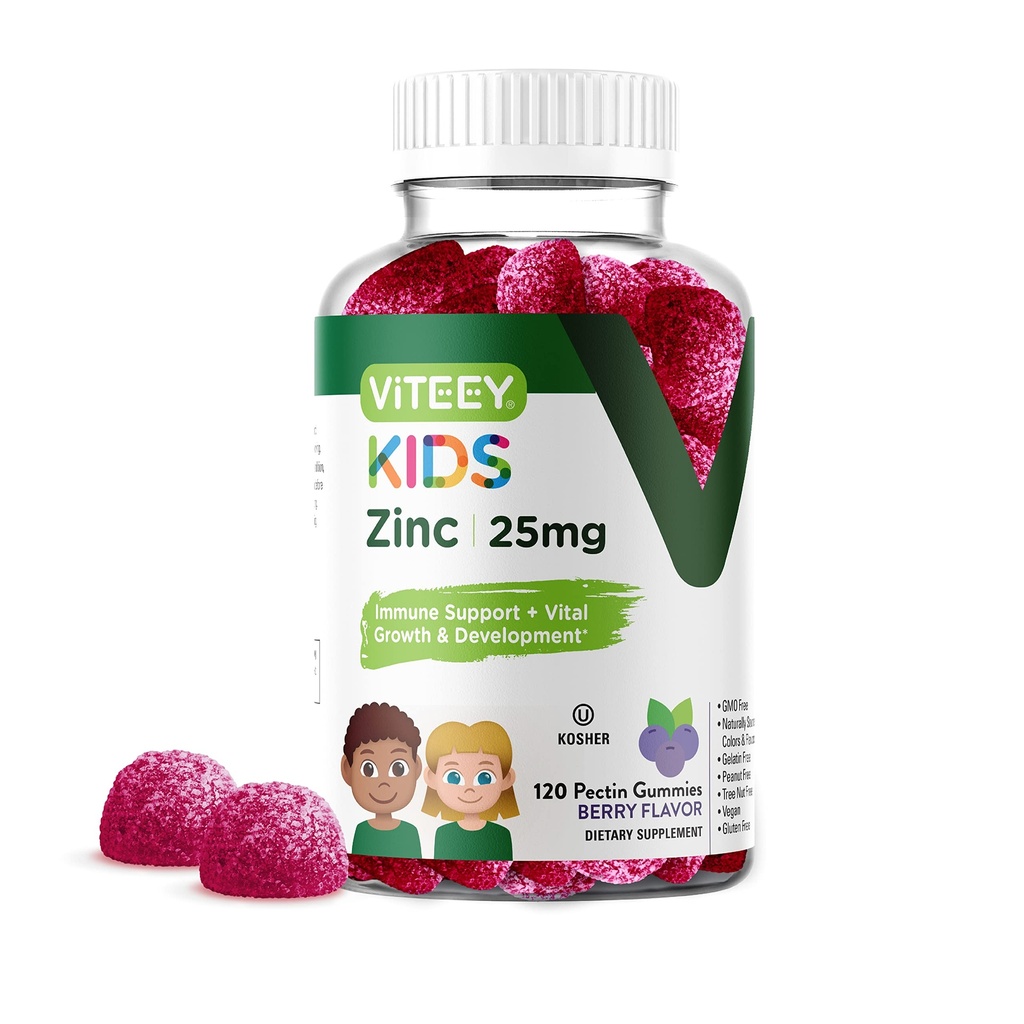 Viteey Zinc for Kids Gummies - 25mg - Tasty Chewable Berry Flavor Gummy | Immune Support - Powerful Natural Antioxidant, Kids Zinc Vitamin Supplement - Vegan, Gelatin Free, Gluten Free - 120 Count