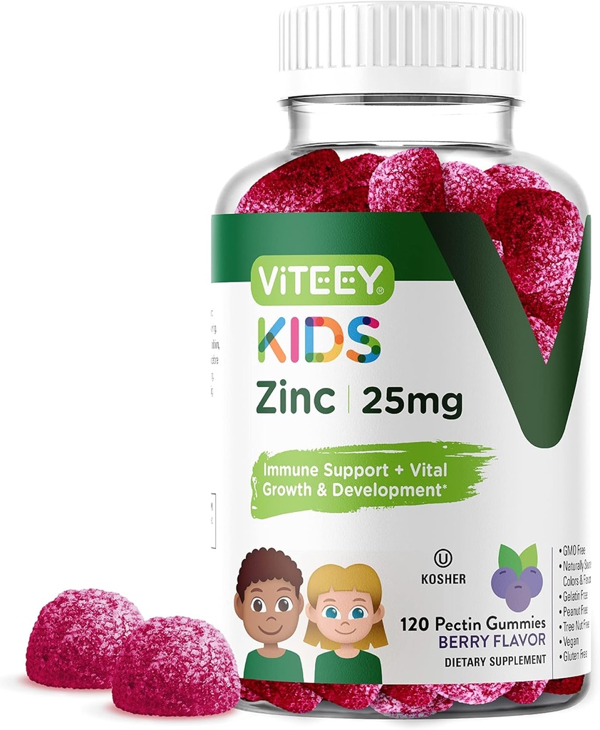 Viteey Zinc for Kids Gummies, 25mg - Immune Support for Kids & Teens - Powerful Natural Antioxidant, Kids Zinc Vitamin Supplement - Vegan, Gelatin Free, Gluten Free - Tasty Chewable Berry Flavor Gummy