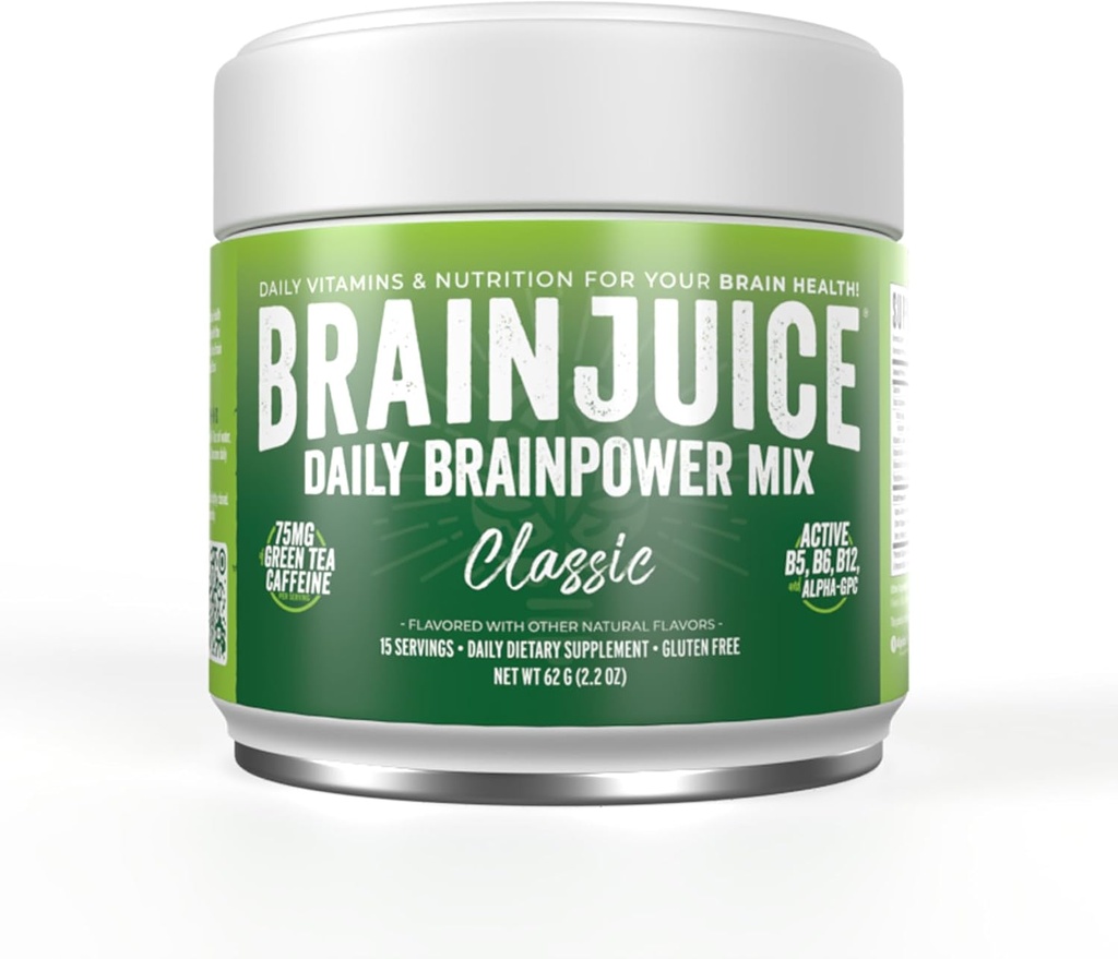 BrainJuice Nootropics Brain Support Supplement, Gluten Free Powder for Energy and Focus, Drink Mix with L Theanine, Alpha GPC, Vitamin B, Organic Green Tea Extract Caffeine, Classic, 15 Servings