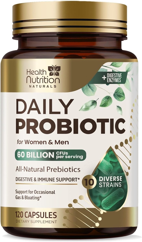 Probiotics 60 Billion CFU + 10 Strains - Daily Probiotic Lactobacillus Blend for Immune, Digestive & Gut Health Support, Prebiotics and Probiotics, Gas & Bloating for Women & Men - 120 Capsules