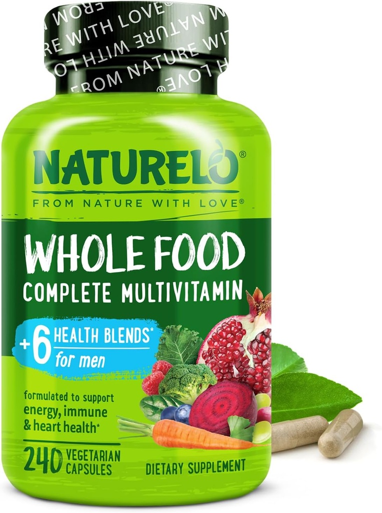 NATURELO Mens Multivitamins - Whole Food Multivitamin for Men with Vitamins, Minerals - 240 Vegetarian Capsules for Energy, Brain, Heart, Eye Health*