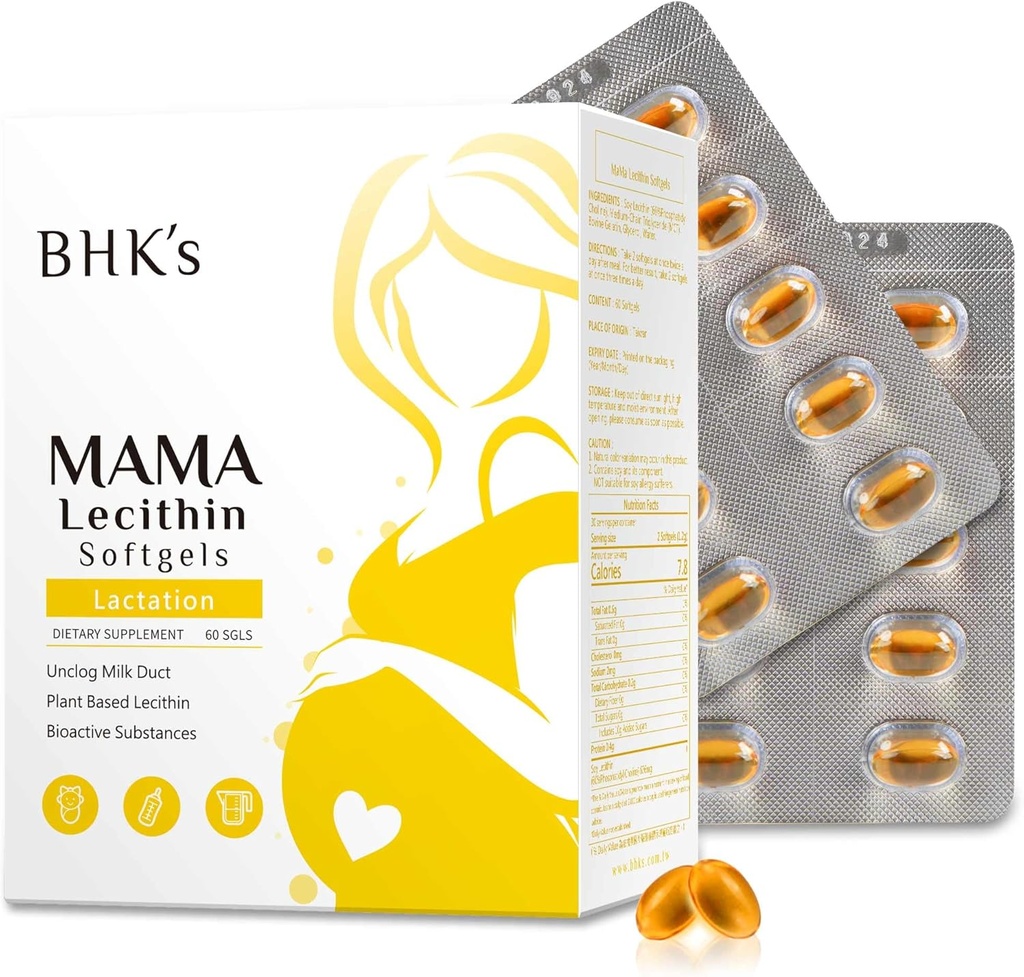 BHK's Mama Lecithin Softgels, Unclog Breast Ducts for Smoother Breastfeeding, Supplement for Pregnancy, Avoid Clogged Milk Ducts, 60 softgels, 2-Week Supply