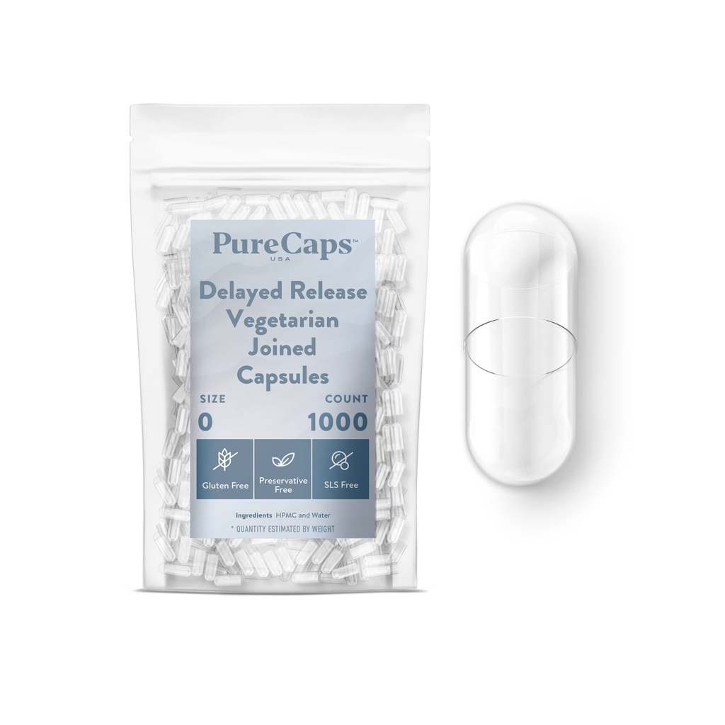 PureCaps USA - Empty Vegetarian Vegan Pill Capsules Size 0| 1,000 Joined Pills| Clear| Non-GMO Certified| SLS, Gluten, Preservative Free