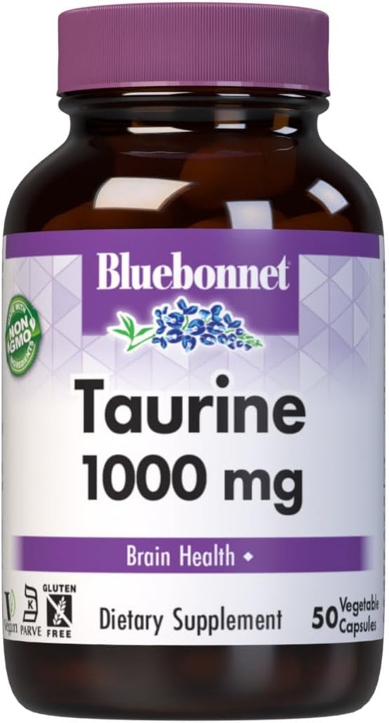 Bluebonnet Nutrition Taurine 1000 mg, Nervous System Health*, Non-GMO, Vegan, Kosher Certified, Gluten-Free, Soy-Free, 50 Vegetable Capsules, 50 Servings